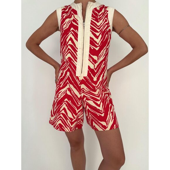 60s vintage red white abstract print retro mod gogo mini shorts playsuit romper - Picture 2 of 9